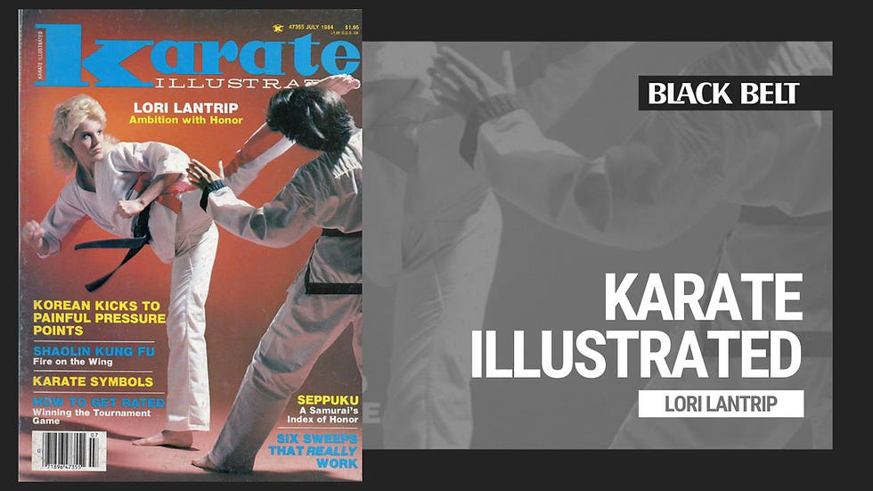 Magazine cover showing two martial artists sparring, wearing white gi uniforms. Text includes "Karate Illustrated" and "Lori Lantrip."