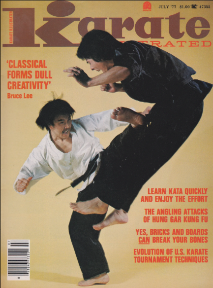 Two martial artists in mid-air combat on a magazine cover. Text includes quotes on creativity, martial art techniques, and Bruce Lee's name.