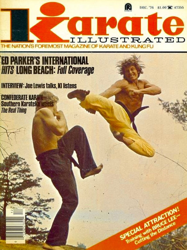 Magazine cover titled "Karate Illustrated," shows two martial artists mid-fight outdoors. One wears yellow, performing a high kick. Text includes "Special Attraction."