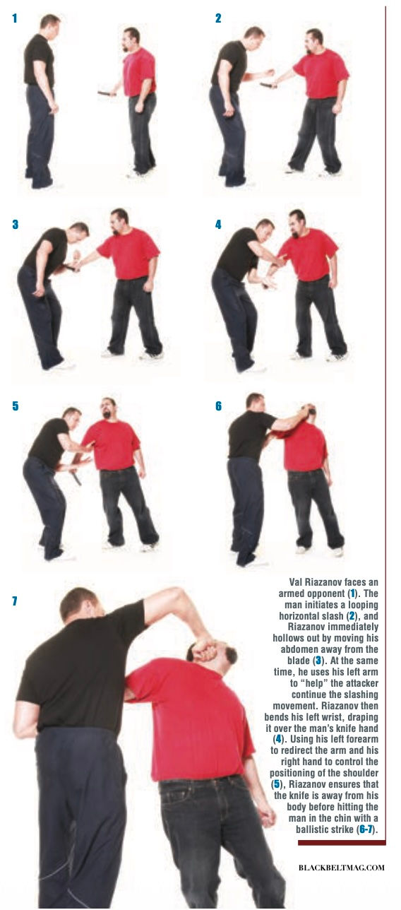 Six-step knife defense demo: man in black disarms a red-shirted attacker on a white background with numbered panels.