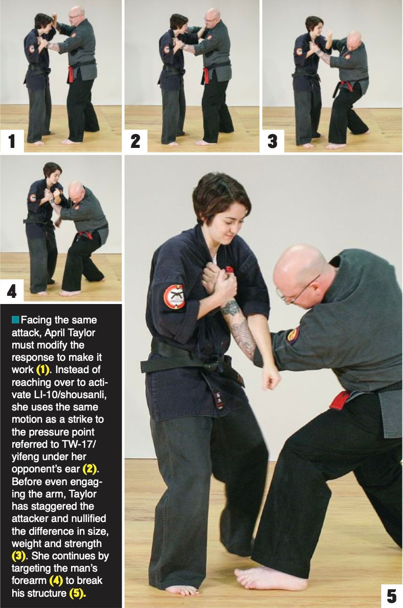 Two martial artists in black gis demonstrate a self-defense technique in a dojo, focusing on joint manipulation and pressure points. Text instructs the sequence.