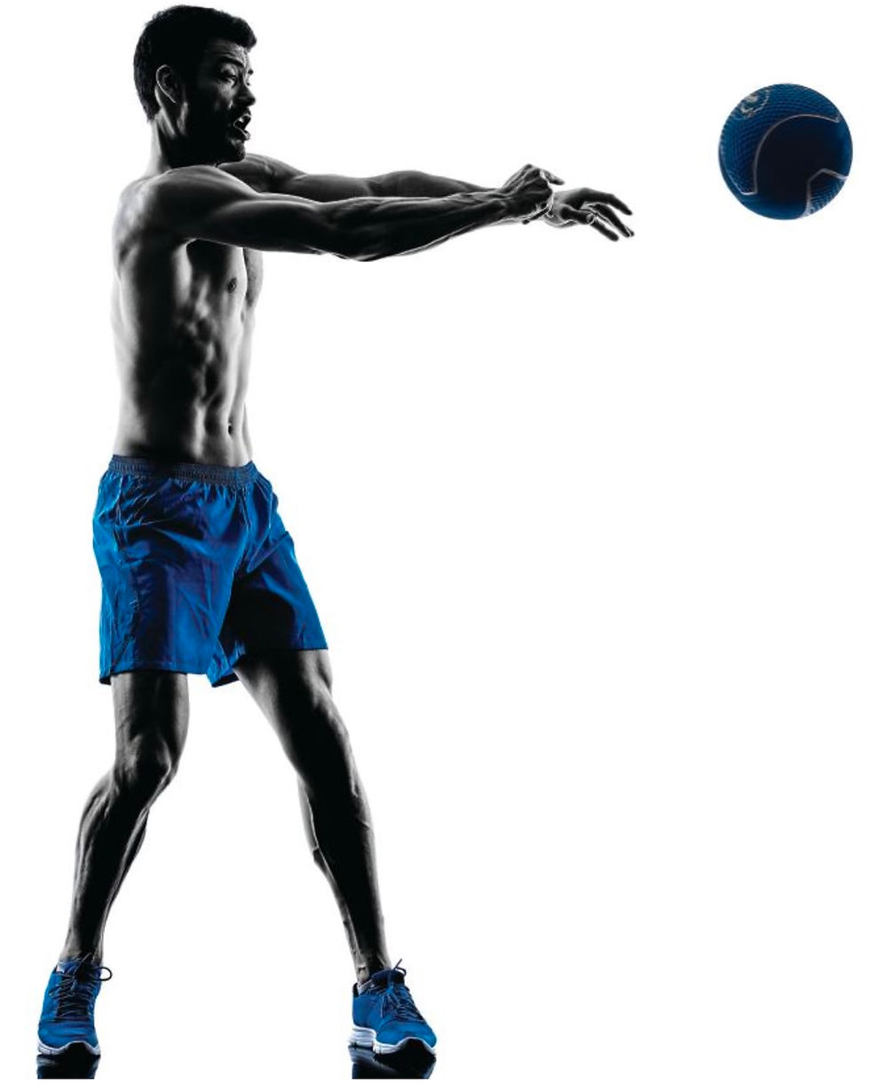 Silhouetted man in blue shorts and shoes hitting a medicine ball. Dynamic pose on white background emphasizes athletic strength.
