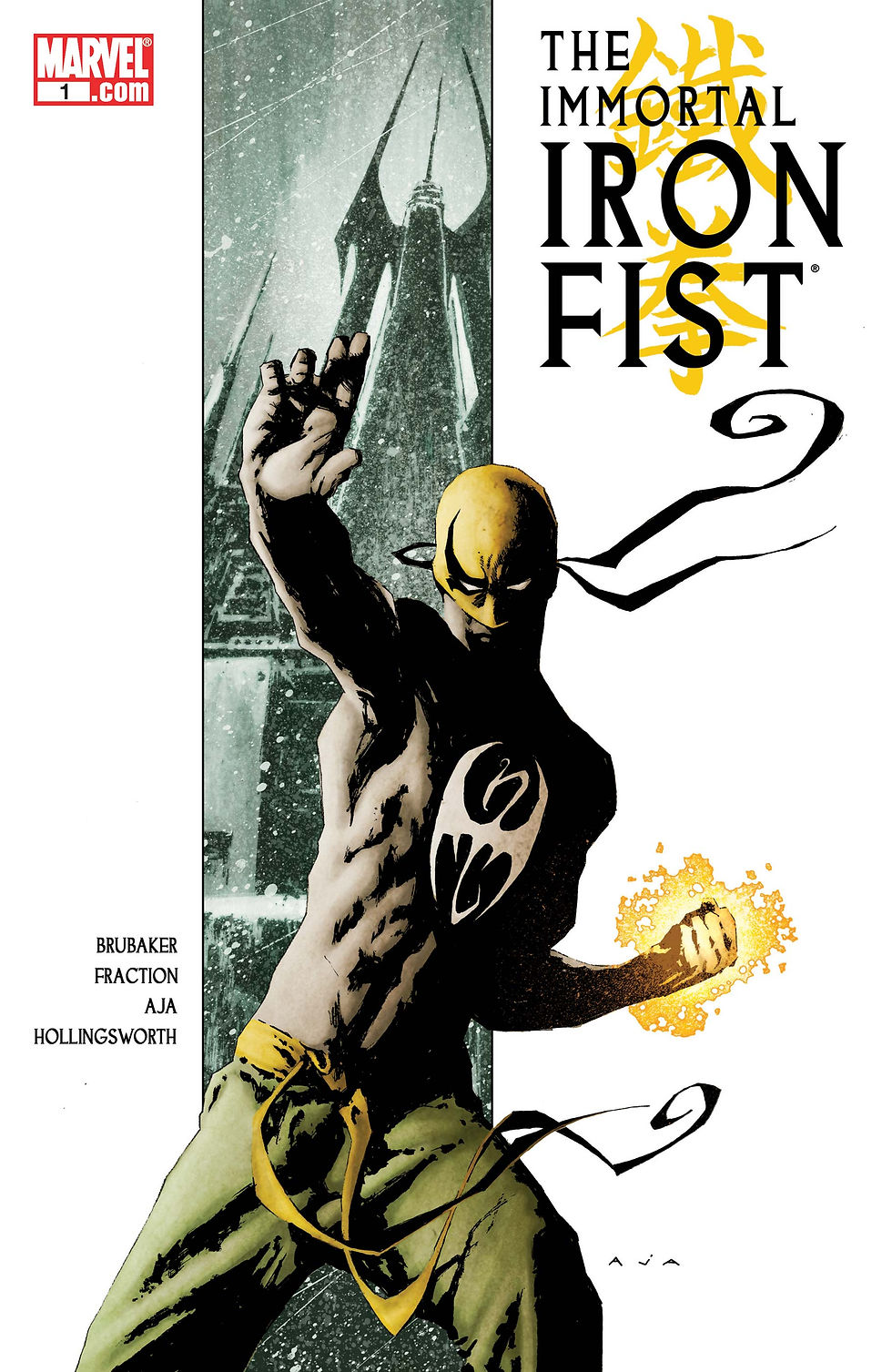 Masked figure with glowing fist in action pose, set against a snowy, monumental background. Text: "The Immortal Iron Fist." Dynamic mood.