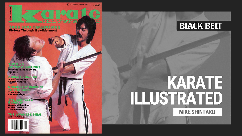 Two martial artists in white gis practicing a move on the cover of "Karate Illustrated." Text highlights "TANG SOO TAKEDOWNS."