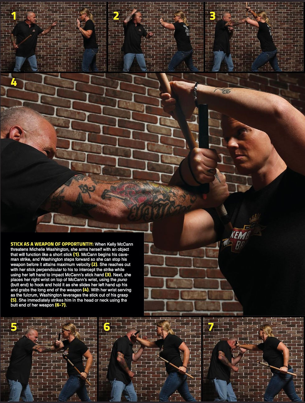 Two people engage in self-defense training against a brick wall. One uses a stick to block and counterattack. Text details the techniques.