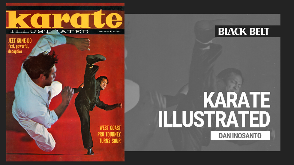 Magazine cover with two men in martial arts poses. Text: "Black Belt," "Kenpo Evolves," mentions Jeff Speakman. Red background. Energetic mood.