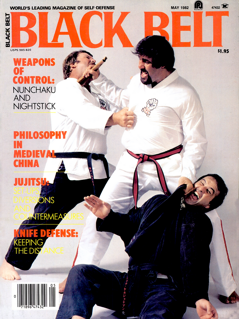 Three martial artists in action pose on a magazine cover. White background, prominent text: "BLACK BELT" in bold red, detailing martial arts topics.