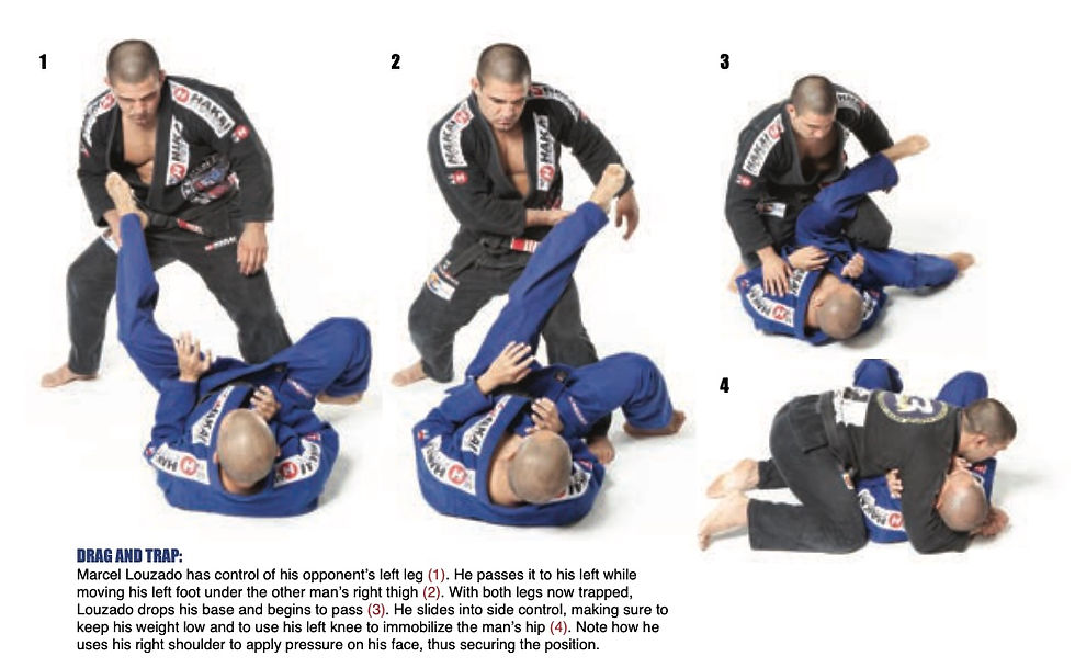 Four-step Brazilian jiu-jitsu drill with numbered panels showing a black-gi grappler trapping and passing a blue-gi opponent’s leg.