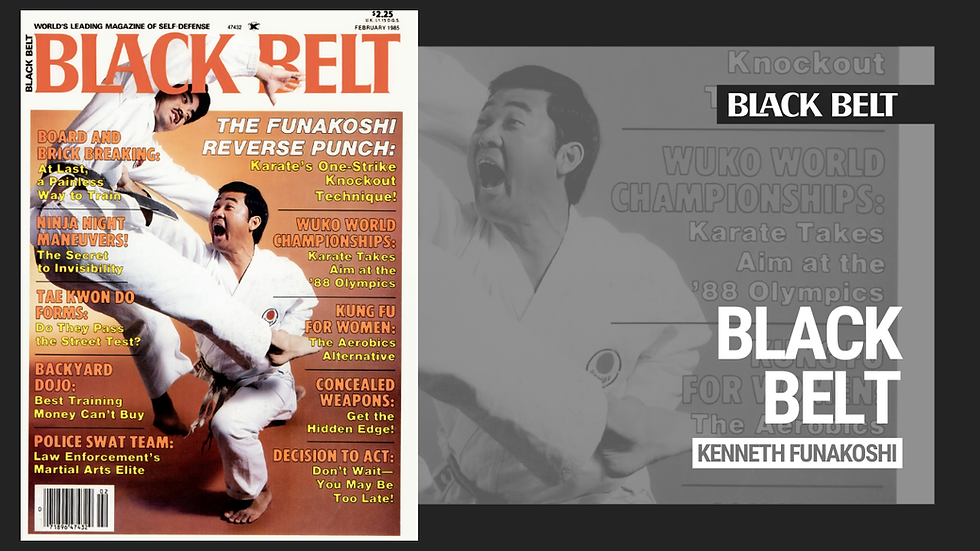 Karate practitioner executing a punch on Black Belt magazine cover. Headlines in yellow and red highlight martial arts topics. February 1985 issue.