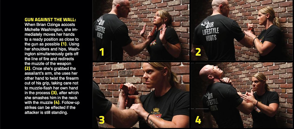 Woman defends against man holding a gun. Brick wall backdrop. Sequential steps show disarming techniques. Man's shirt reads "OUR LIFESTYLE HURTS."