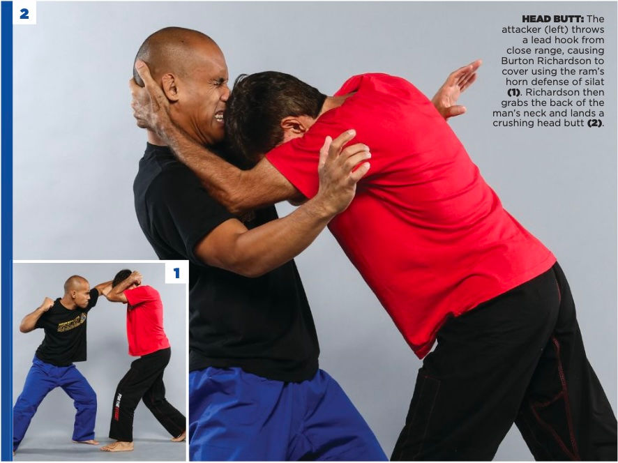 Two men practice martial arts. The man in black and blue performs a head butt on the man in red. Text explains the move. Gray background.