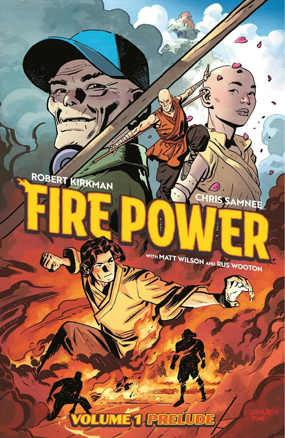 Comic cover of "Fire Power Volume 1: Prelude" with martial artists in action, surrounded by fire and smoke, and a dramatic sky.