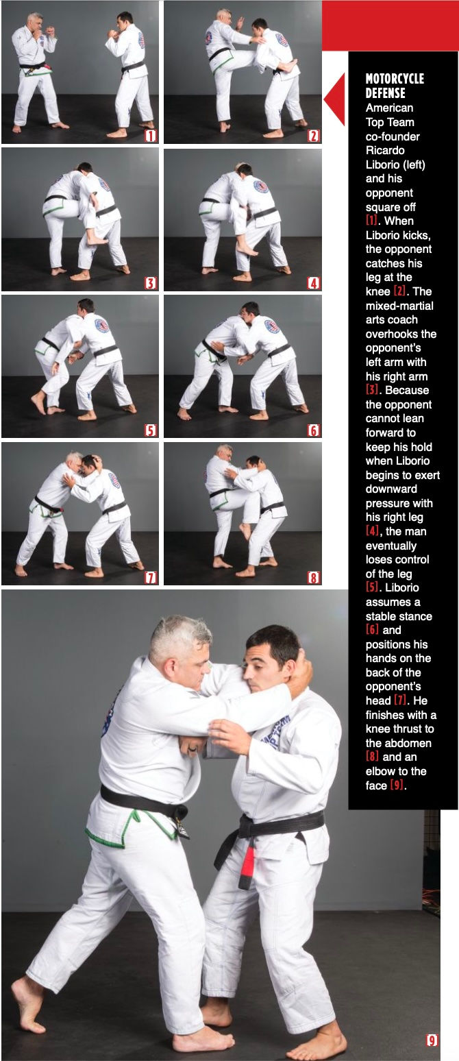 Two martial artists in white gis demonstrate defense maneuvers in a series of photos. Text explains moves and their sequence.