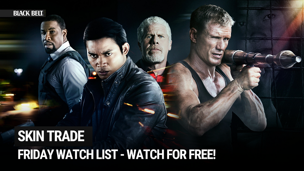 Men in action poses with intense expressions are featured against a dark background. Text in the foreground reads: "SKIN TRADE. WATCH FOR FREE!"