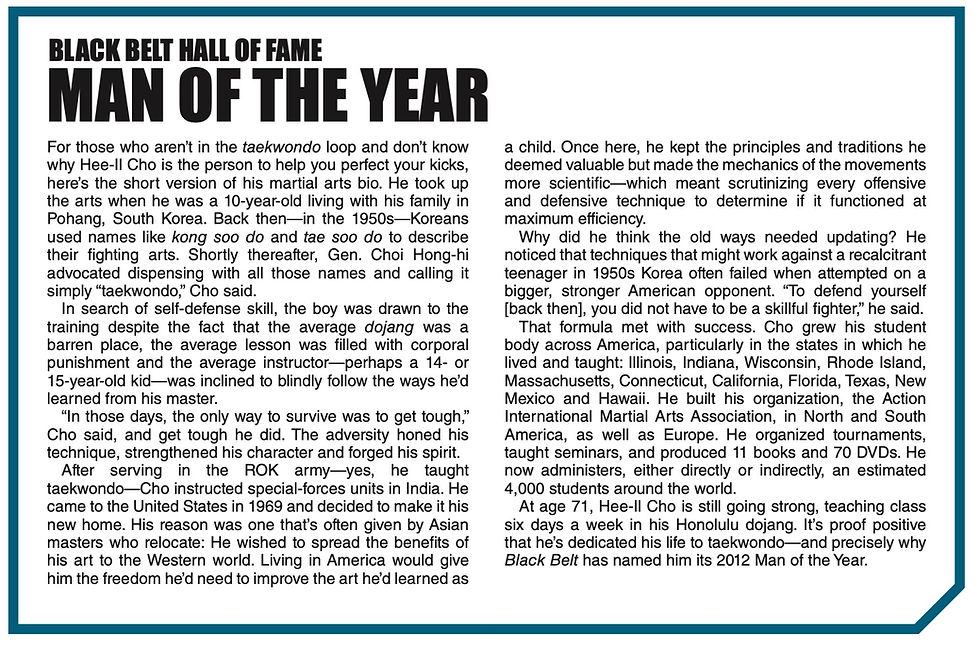 Magazine article page titled BLACK BELT HALL OF FAME: MAN OF THE YEAR, with dense text on taekwondo master Hee-Il Cho.