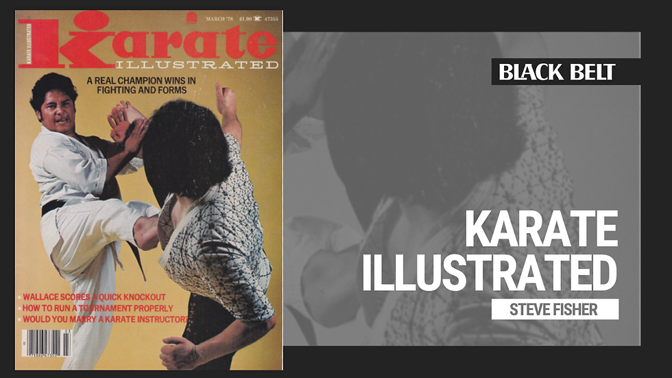 Martial artist in a white gi smashes bricks with hands, fierce expression. "BLACK BELT" magazine cover with text "KOREAN KARATE BLOCKBUSTER."