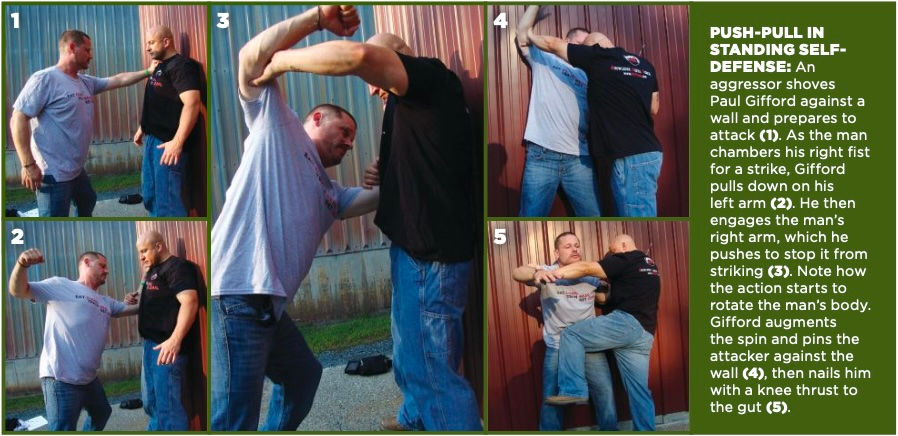 Push-pull in standing self-defense