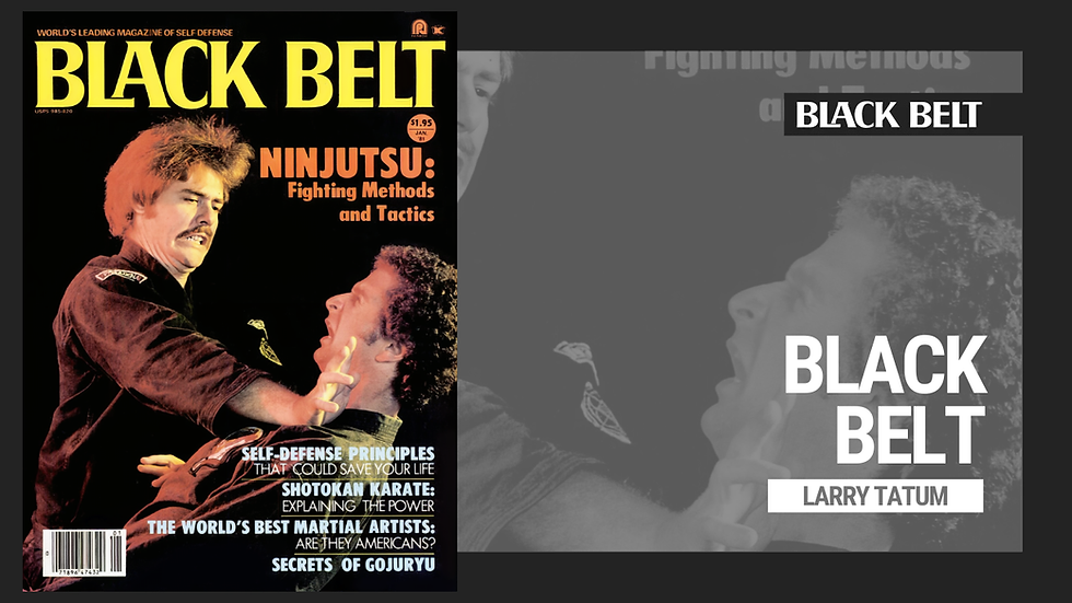 Magazine cover featuring a martial arts instructor demonstrating a move. Bold "Black Belt" title, with articles on ninjutsu and self-defense.