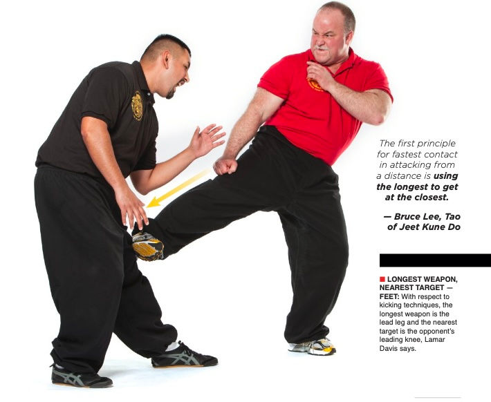 Two men practicing martial arts, one in red shirt kicking, other in black blocking. Quote on technique and caption detail move strategy.