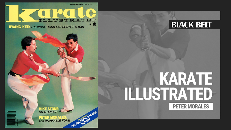 Martial artist in black uses nunchaku on "Black Belt" magazine cover, January 1987. Various article titles in blue and yellow text.