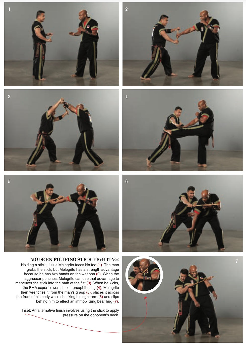 Seven-panel Filipino stick fighting demo with two men in black uniforms on a gray studio floor; text explains the moves.