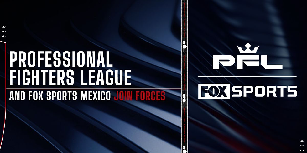 Professional Fighters League and Fox Sports Mexico join forces. Dark background with dynamic lines, conveying a bold partnership.