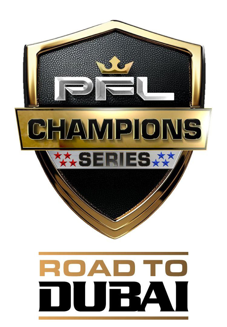 Shield logo with gold trim, featuring "PFL Champions Series" text and stars. Below, "Road to Dubai" is written in bold black and gold.