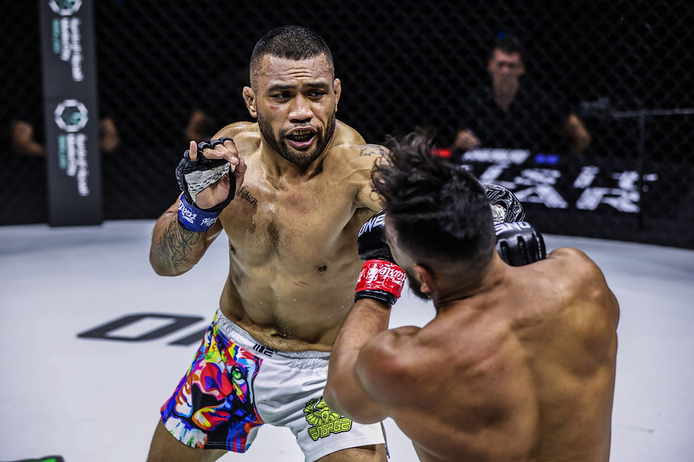 Two fighters in a ring, one landing a punch with colorful shorts. Intense expressions, cage background, "ONE" visible.