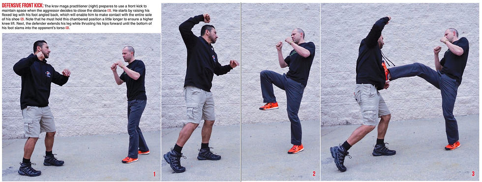 Two men demonstrate a Krav Maga front kick. Steps: chamber leg, extend leg, kick opponent's torso. Brick wall background, focus on action.