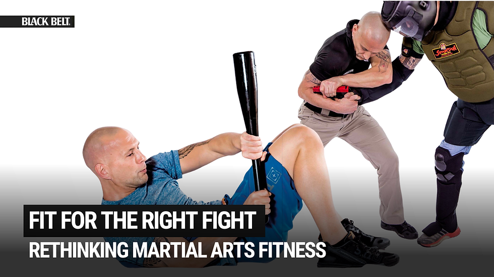 Three men engage in martial arts training. One holds a baton, another defends, and a third watches. Text: "Fit for the Right Fight."