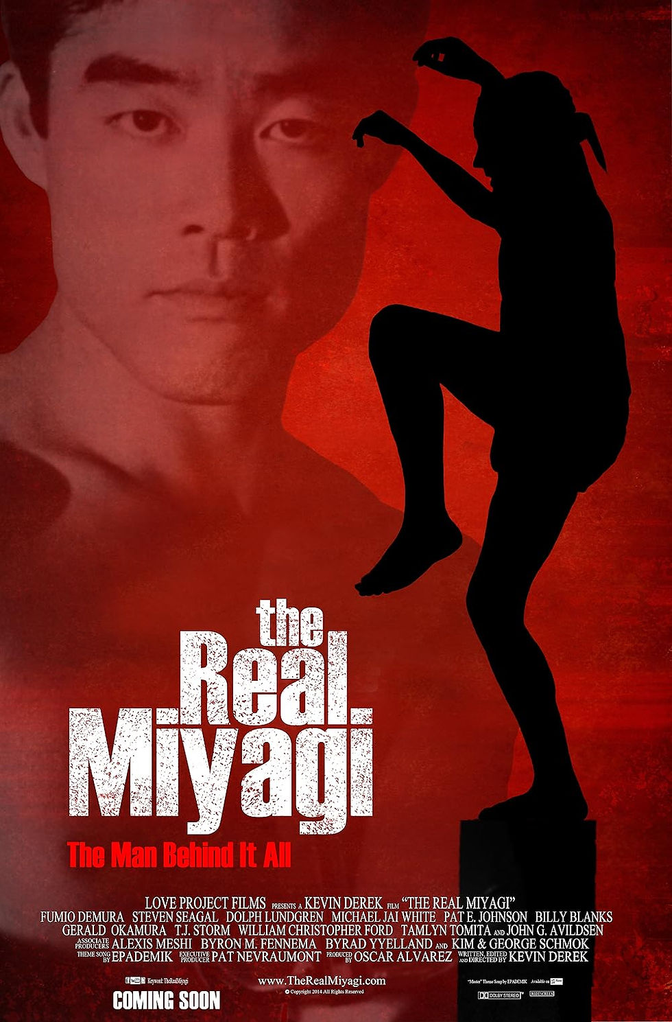Red poster with a large face, silhouette doing a martial arts pose. Text: "The Real Miyagi" and "The Man Behind It All." Mood: dramatic.