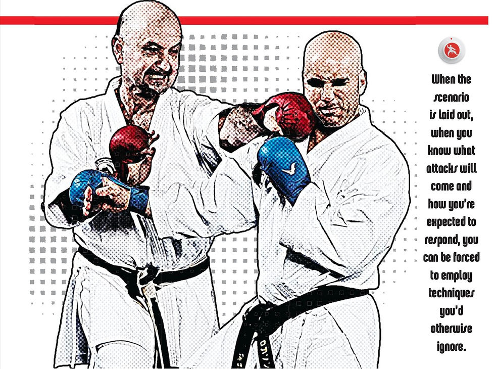 Two martial artists in white uniforms spar with red and blue gloves. Text beside them discusses response to attacks. Dotted background.