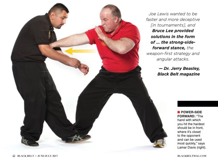 Two men practicing martial arts; one in a red shirt strikes, the other in black defends. Quotes on Bruce Lee and strategy in the background.