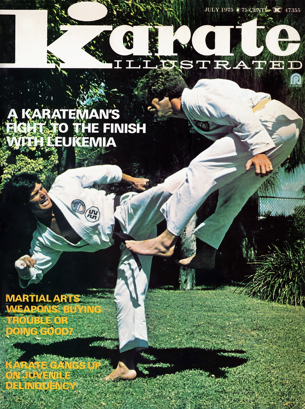Two men practice karate on grass, both in white gis. A magazine cover reads "A Karateman’s Fight with Leukemia" and features greenery.