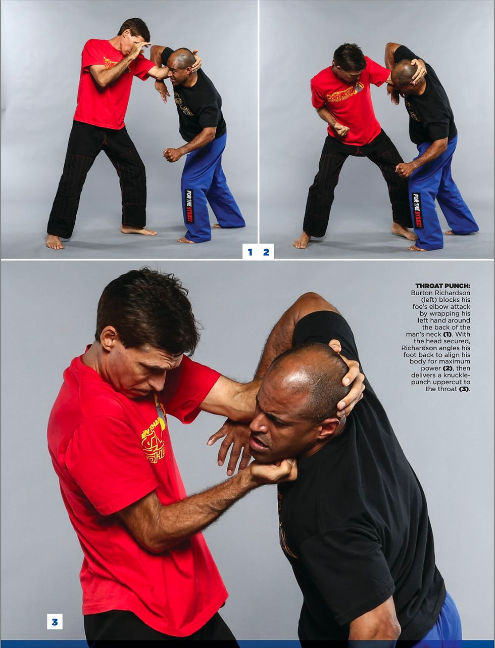 Two men practice martial arts in a studio. One in a red shirt punches the throat of the other in a black shirt. Text explains the move.