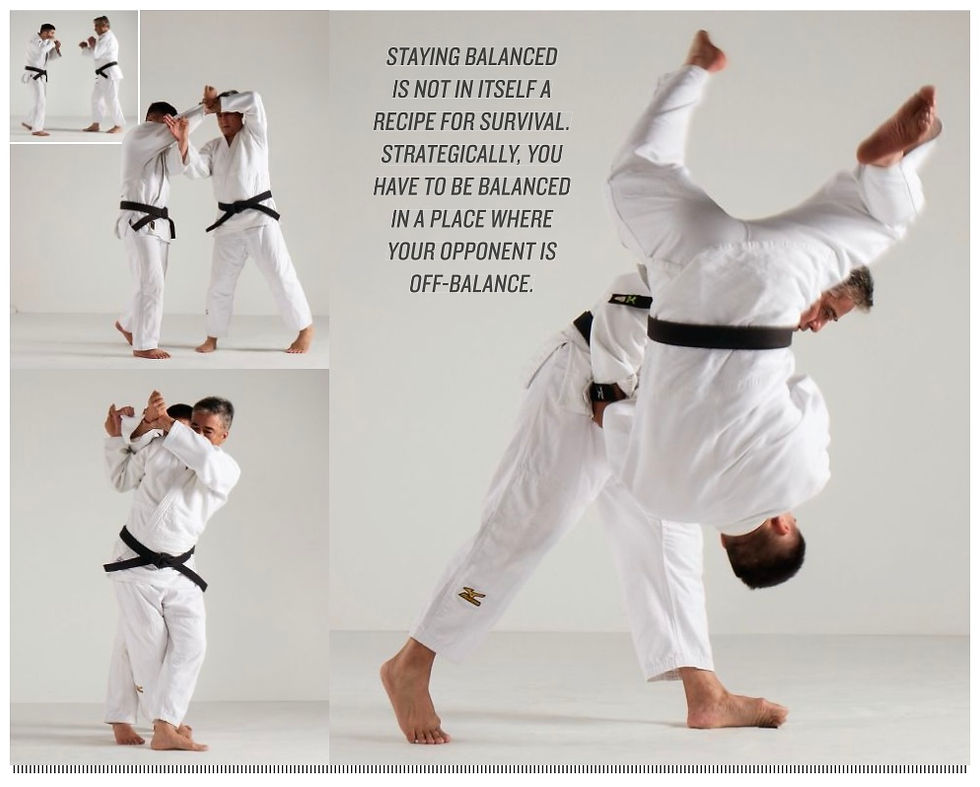 Two martial artists in white gi practice judo. One flips the other. Text reads, "Staying balanced... opponent is off-balance."