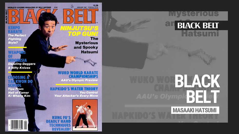 Martial artist in black uses nunchaku on "Black Belt" magazine cover, January 1987. Various article titles in blue and yellow text.