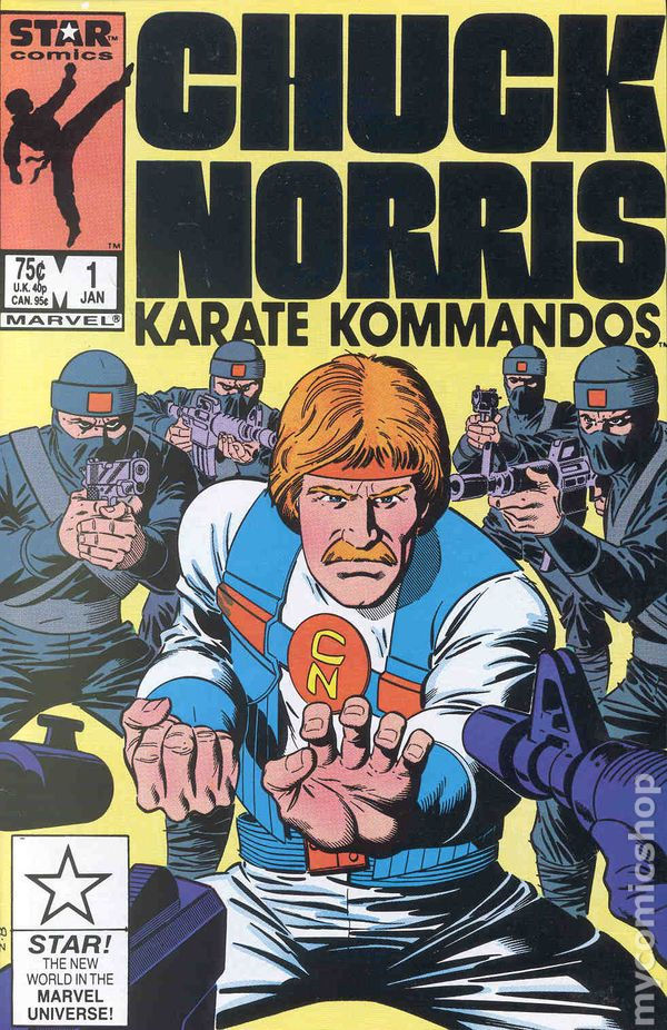 Comic cover showing a man in a blue and white suit with "CN" logo, in a fighting stance, surrounded by armed guards. Bold text reads "Chuck Norris Karate Kommandos."