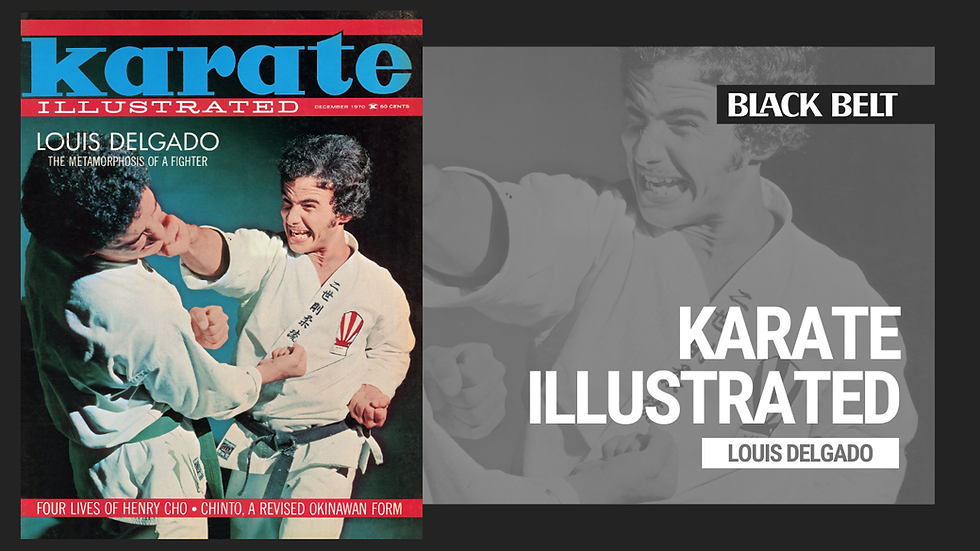 Two martial artists sparring in white uniforms on a magazine cover titled "Karate Illustrated." Text includes "Louis Delgado" and "Black Belt."