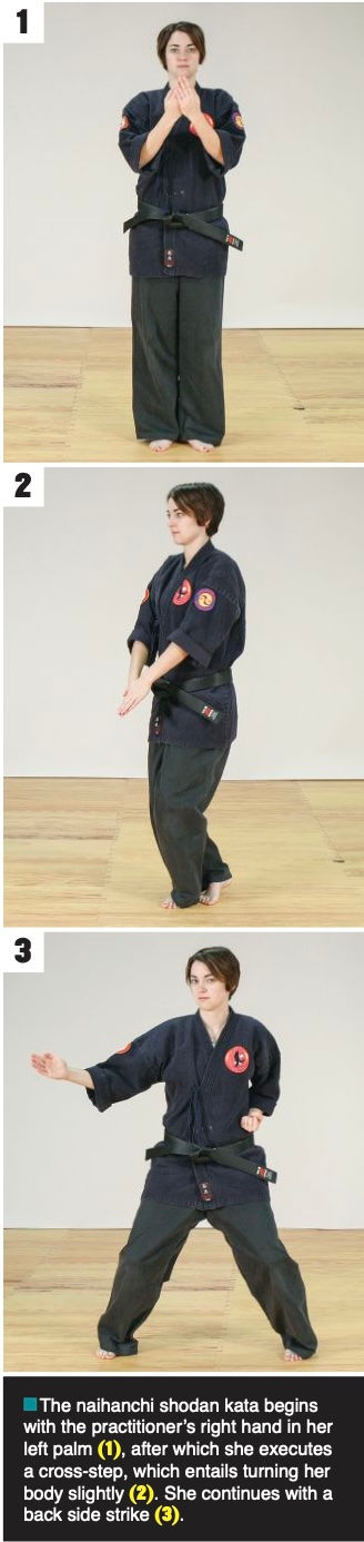 A martial artist performs Naihanchi Shodan kata in three steps on a wooden floor, wearing a black gi with a red emblem, showcasing focus.
