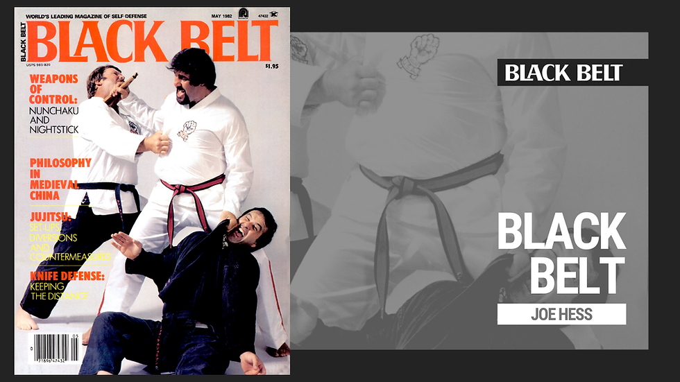 Two martial artists in white gis on the cover of Black Belt magazine. One holds a weapon. Bold red and black text highlights topics.