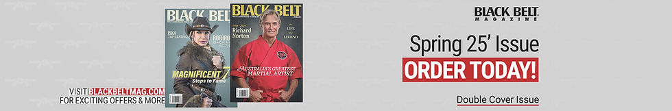 Two "Black Belt Magazine" covers featured; one with a woman in a hat, the other with a man in a red gi. Spring '25 issue promotion.