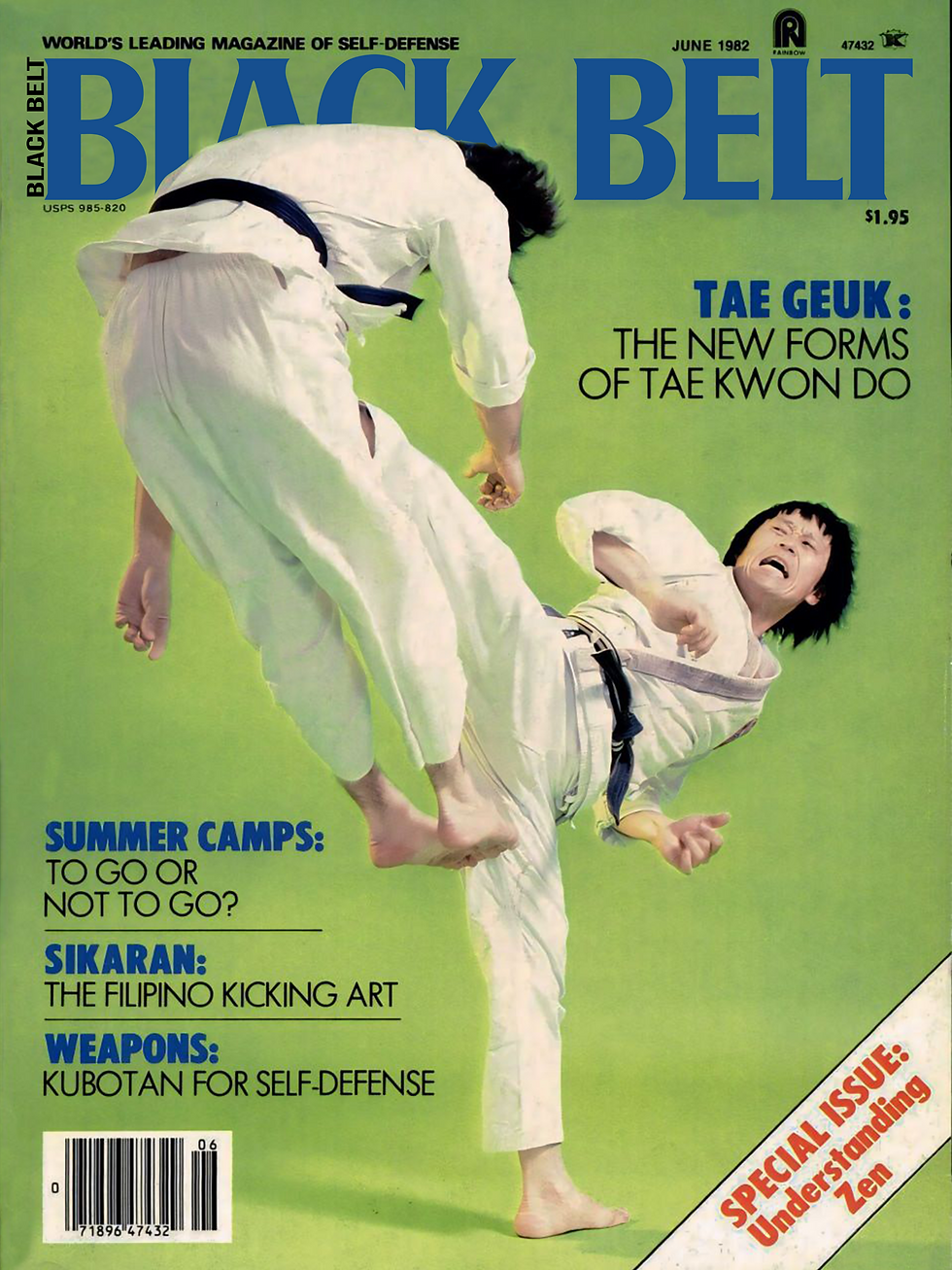 Two men in red shirts practice martial arts with swords on a green background. Cover text: Karate Illustrated, Hwang Kee, Mike Stone, Peter Morales.
