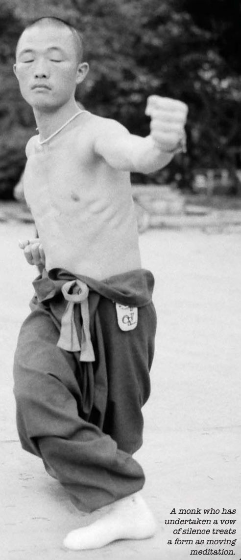 Shirtless monk in martial arts pose, eyes closed, in a sandy area. Wearing loose pants, the image text reads: "A monk...moving meditation."