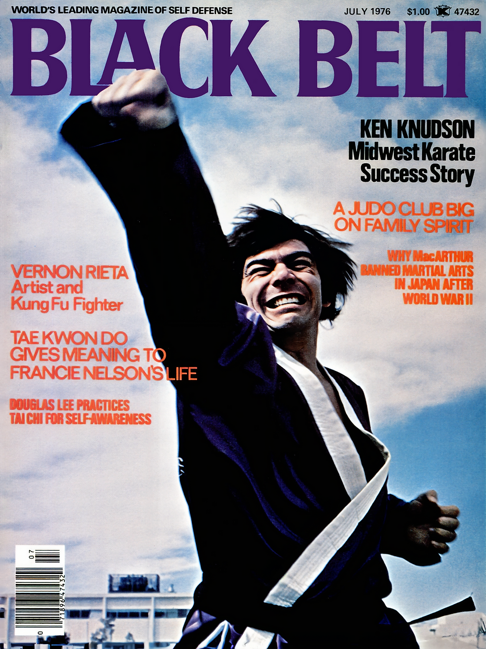 Martial artist punches skyward on "Black Belt" magazine cover, July 1976. Sky background, bold text announces self-defense topics.
