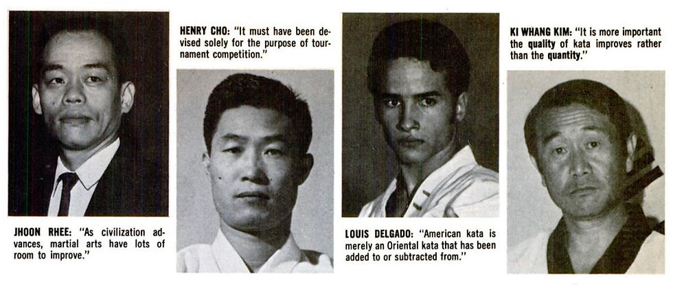 Four portraits of martial artists with quotes. Each discusses martial arts improvement. Backgrounds are plain; subjects appear serious.