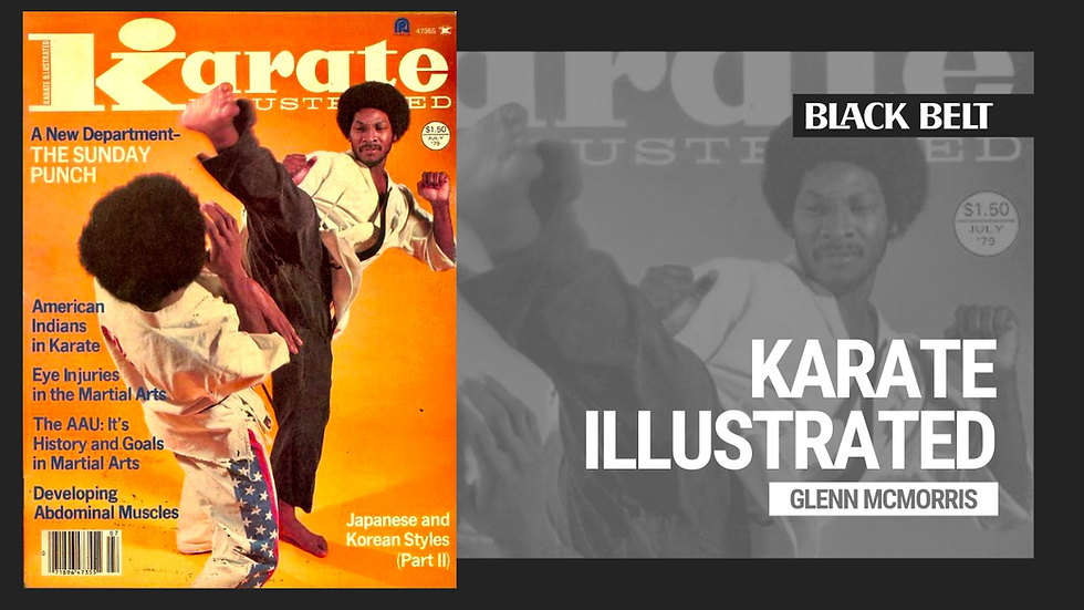 Martial artist kicks in karate pose on orange "Karate Illustrated" magazine cover. Text includes topics like martial arts history and styles.