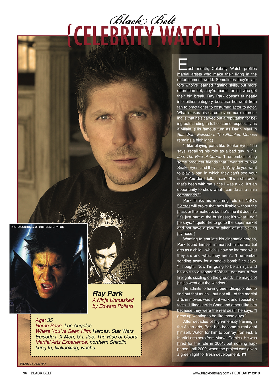 Magazine page featuring an article on Ray Park with a large portrait on the right, inset image of Park as a character, and text detailing his career.