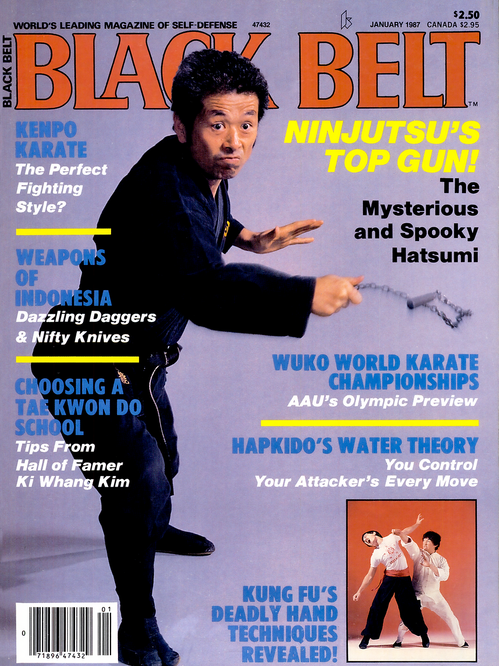 Martial artist in black attire holds nunchaku on "Black Belt" magazine cover. Bold text highlights martial arts themes. Energetic pose.