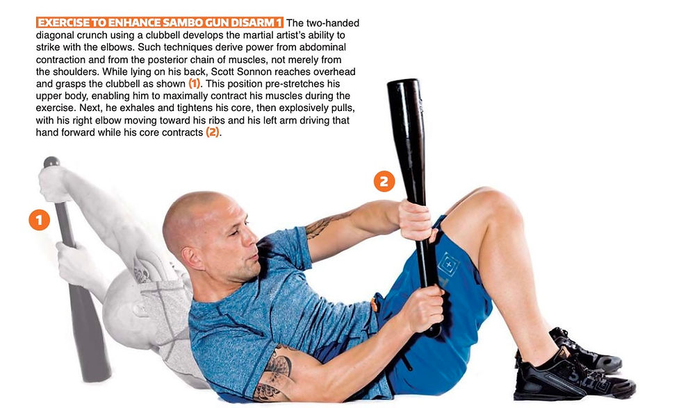 Man in blue shirt and shorts performs a diagonal crunch with a clubbell. Text above describes exercise to enhance Sambo gun disarm.